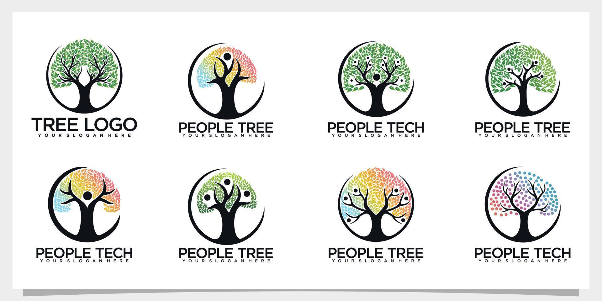 Set people tree concept icon set logo design template Premium Vector
