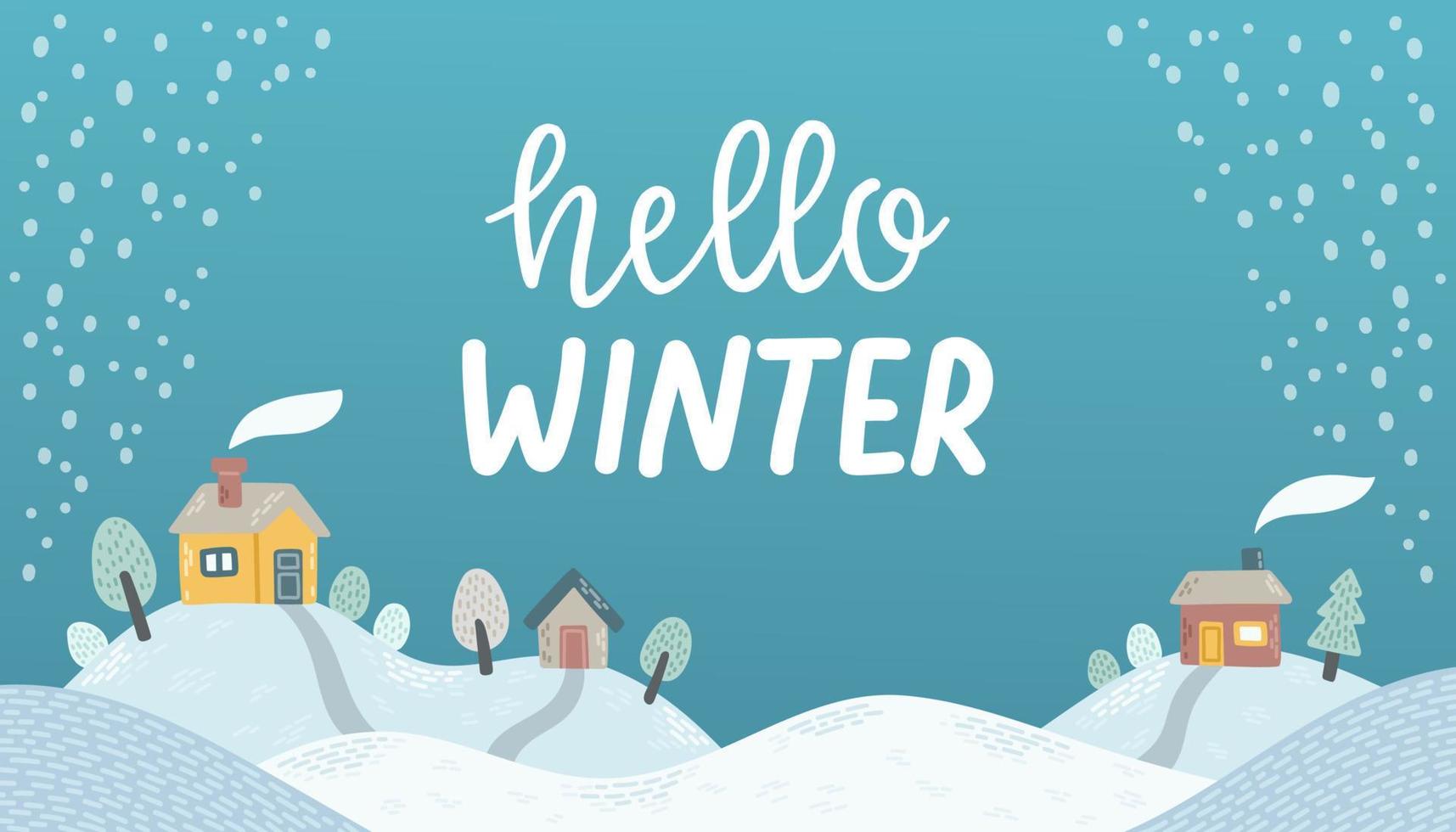 Winter vector background snow snowflakes hello winter blue flat design illustration