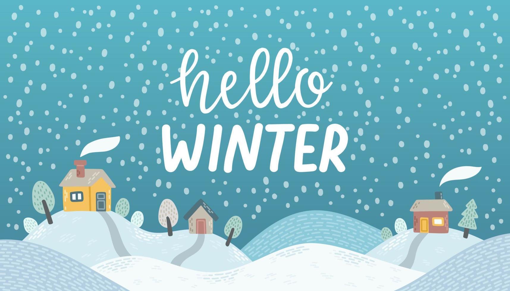 Winter vector background snow snowflakes hello winter blue flat design illustration