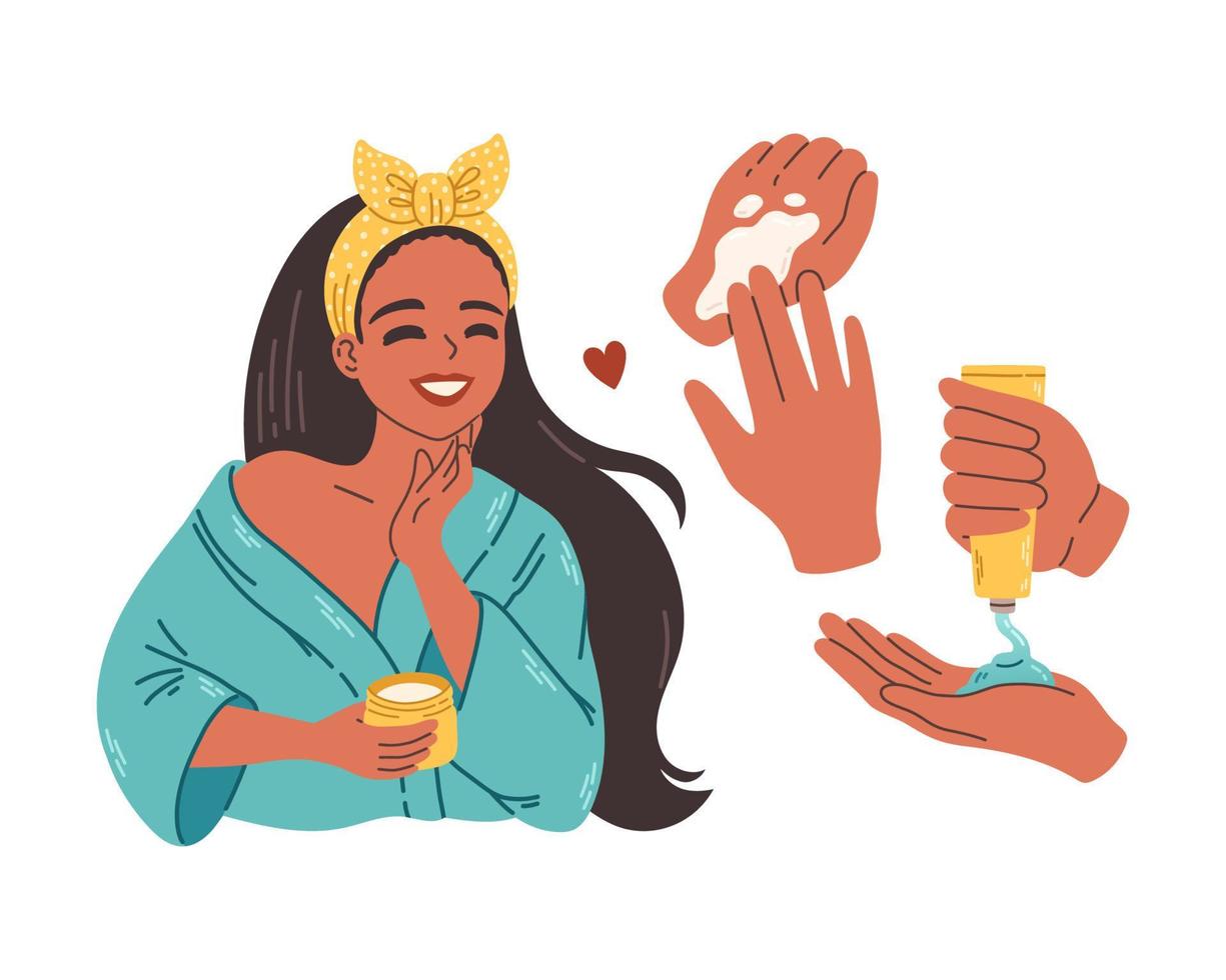 Beautiful black young woman applying cosmetic product. Skin care banner. Skincare routine, mask applying and cosmetics. Vector concept illustration.