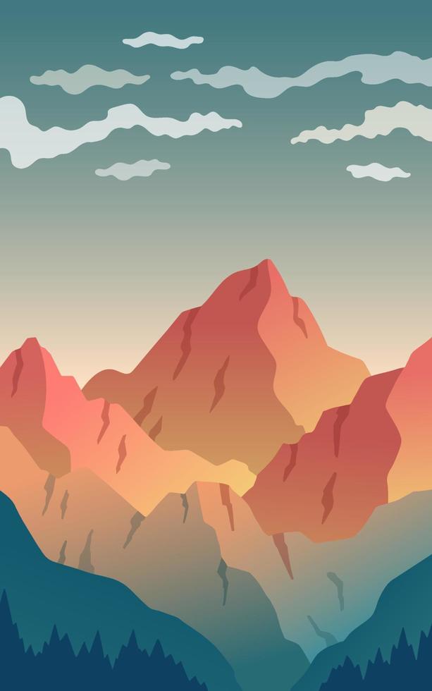 paisaje vectorial, escena de puesta de sol en la naturaleza con montañas y bosques, siluetas de árboles y colinas por la noche. ilustración vectorial vector