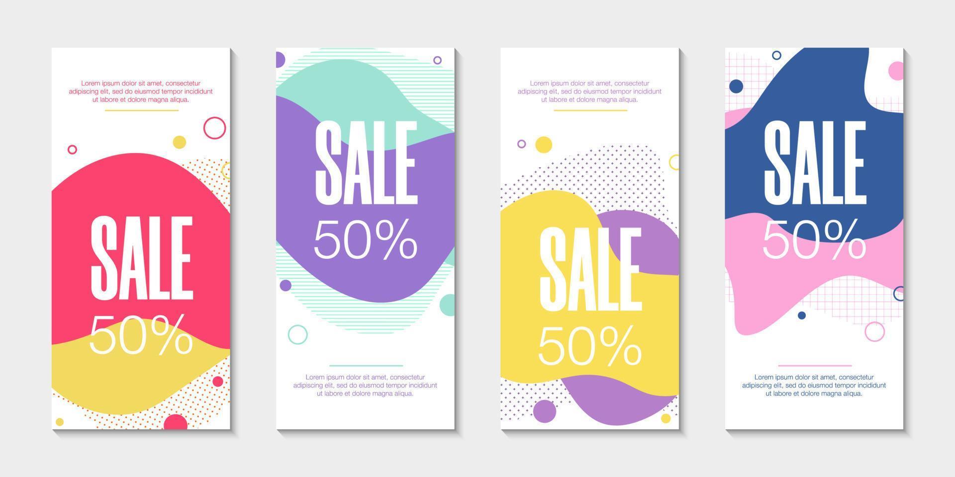 Set of 4 abstract modern graphic liquid banners. Dynamical waves different colored fluid forms. Isolated templates with flowing liquid shapes. For the special offer, flyer or presentation. vector