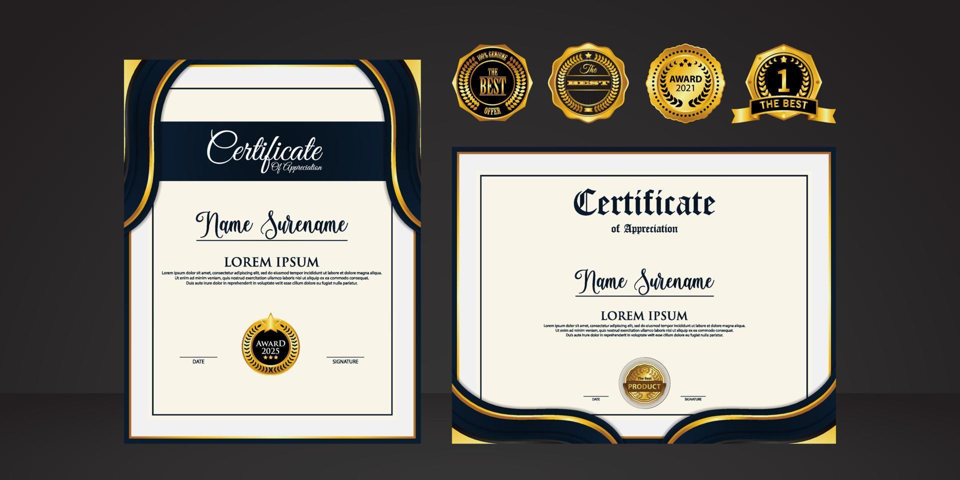 plantilla de certificado moderna en colores de gradación y oro, estilo lujoso y moderno e imagen vectorial de estilo de premio. adecuado para la apreciación vector