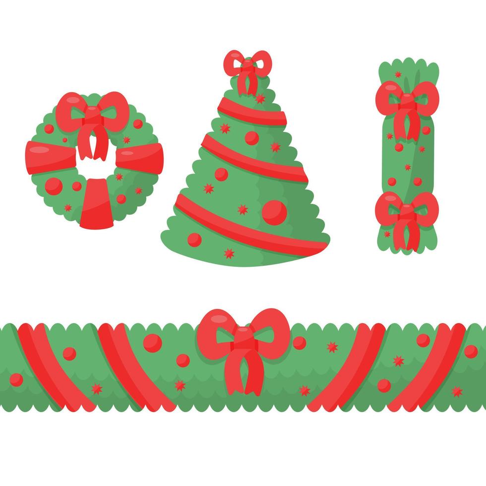 Christmas decoration elements for greeting desing. New Year festive holidays items. Isolated om white vector illustration.