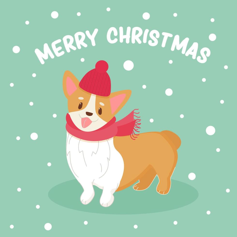 Cute corgi dog with Santa hat and scarf Vector illustration. Winter greeting card with funny animal. New year festive poster.
