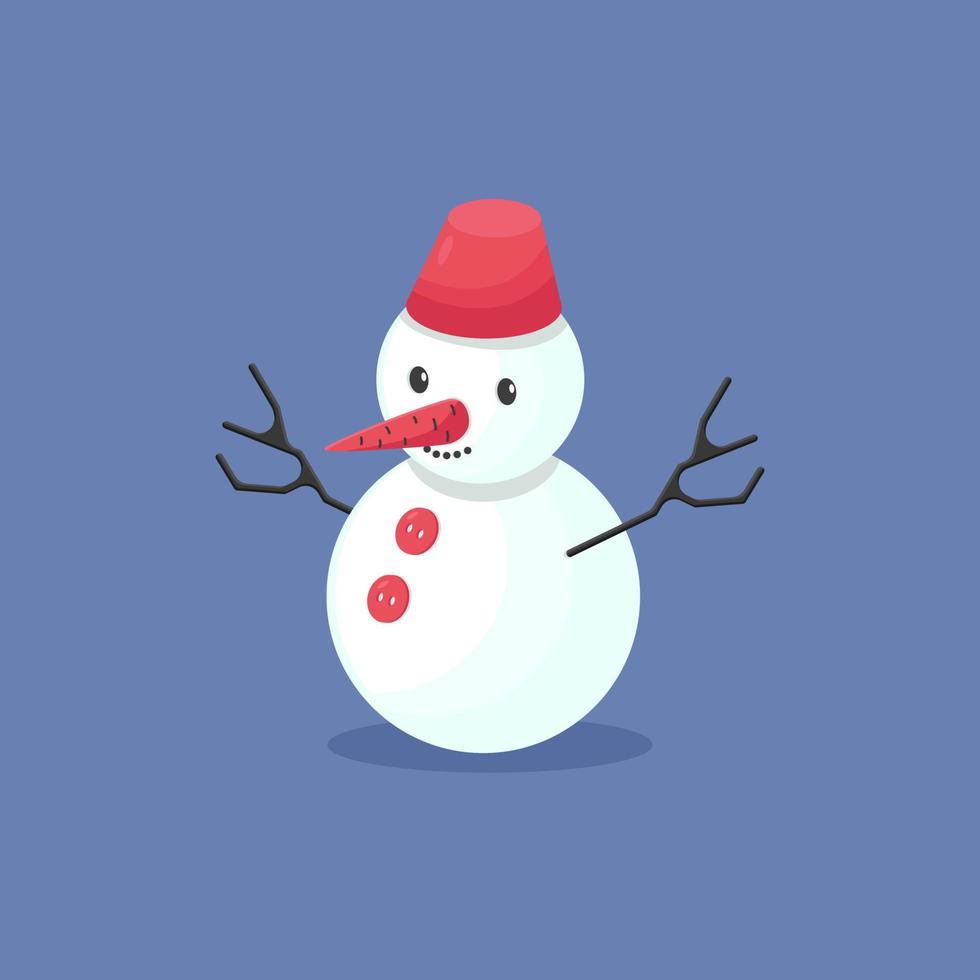 Snowman with bucket on head isolated on blue background. Vector illustration. Funny cartoon winter element.