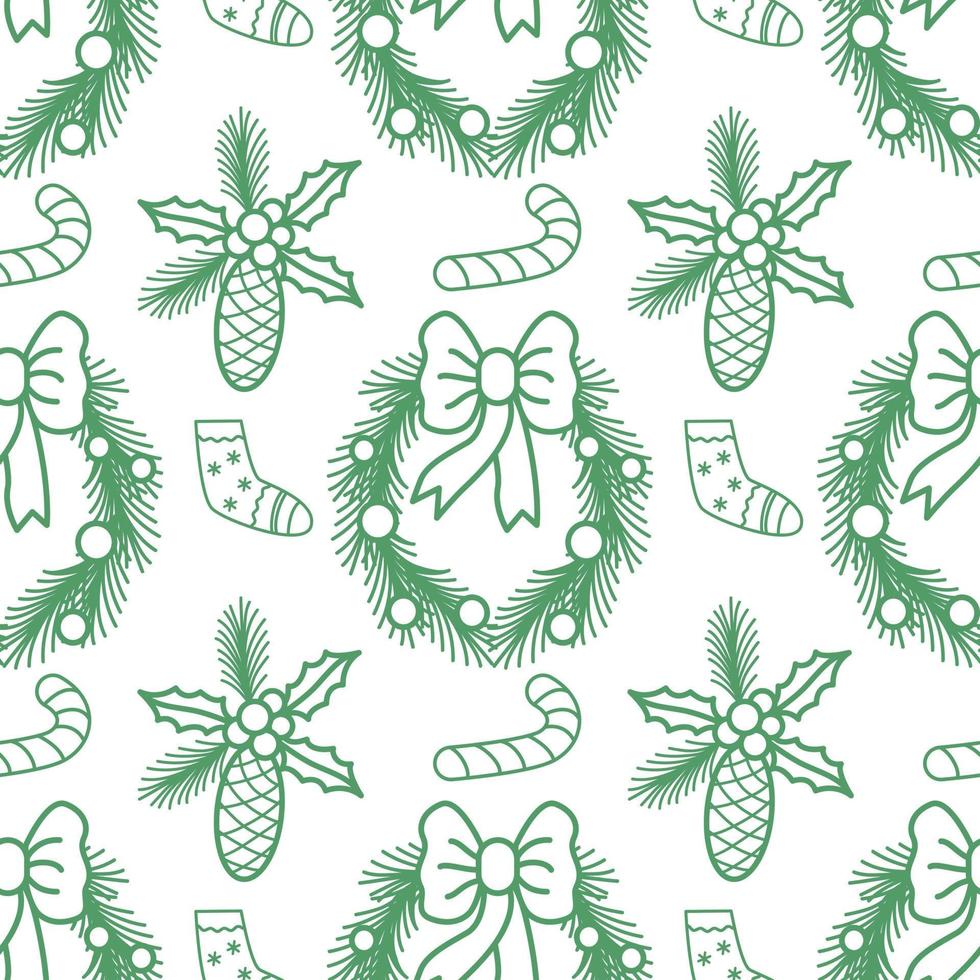 Christmas and Happy New Year seamless pattern with wreath, pine cone, sock and candy. Isolated on white vector illustration. Endless holiday background.