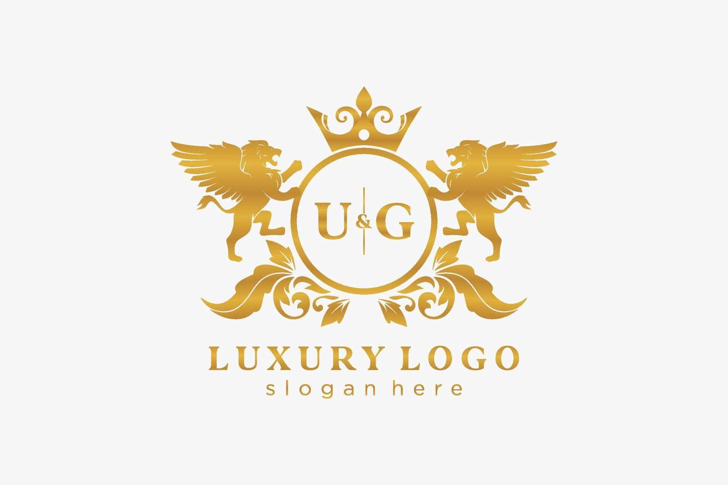 Initial UG Letter Lion Royal Luxury Logo template in vector art for Restaurant, Royalty, Boutique, Cafe, Hotel, Heraldic, Jewelry, Fashion and other vector illustration.