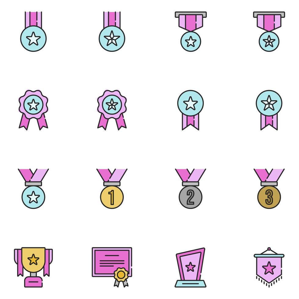 conjunto de iconos de línea llena de recompensa de premio vector