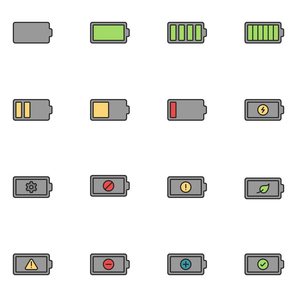 vector de conjunto de iconos de línea llena de batería