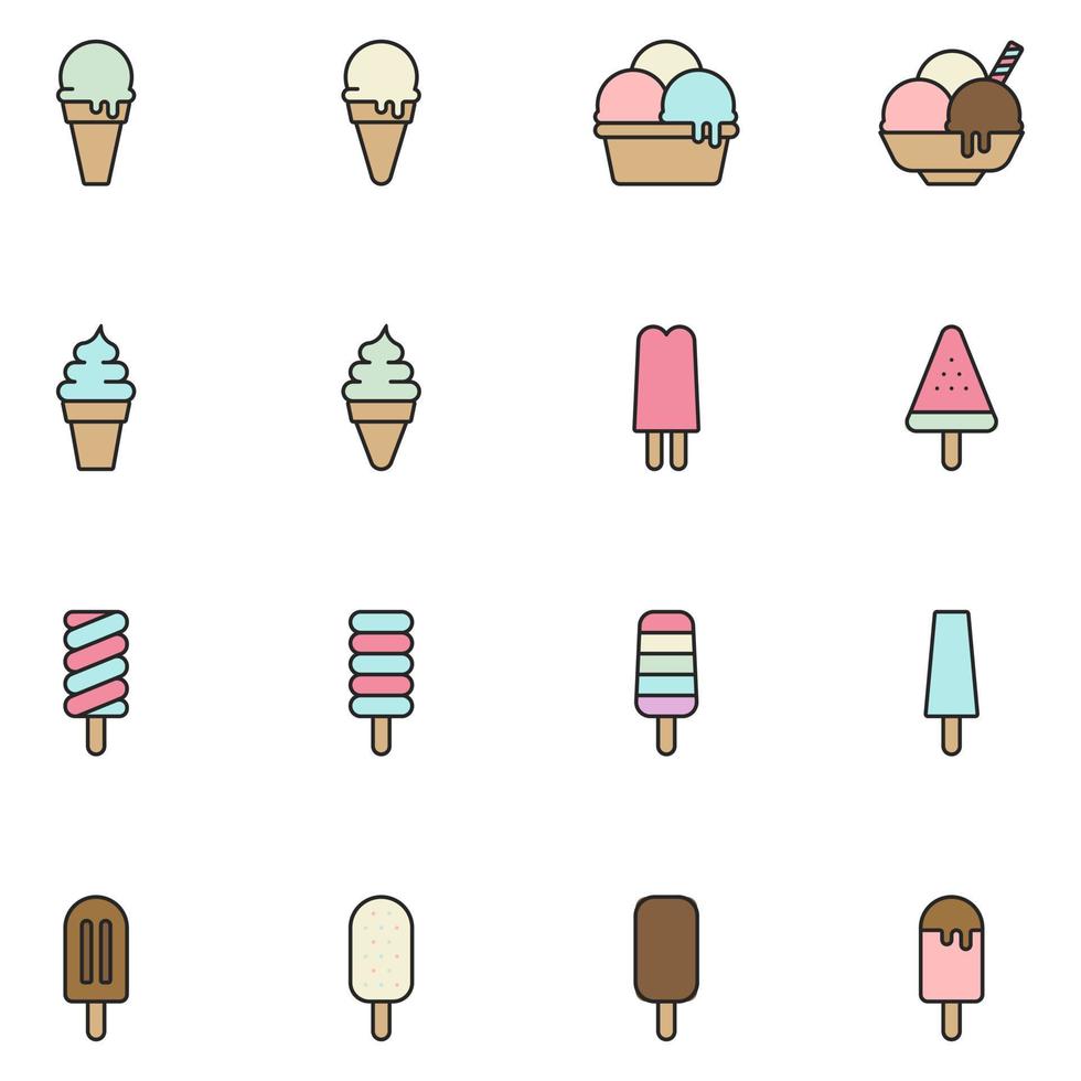 conjunto de iconos de línea llena de helado vector