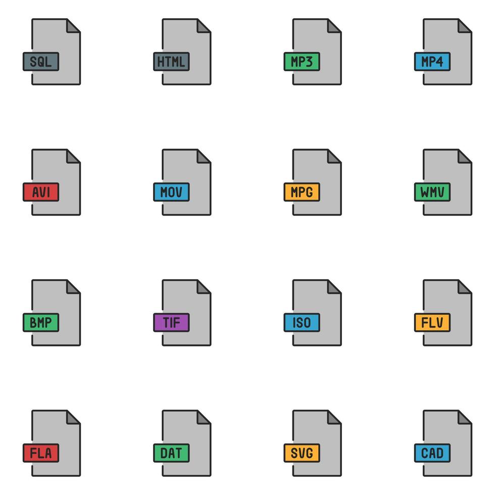 File Type Filled Line Icon Set vector