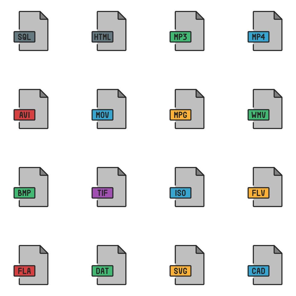 conjunto de iconos de línea llena de tipo de archivo vector