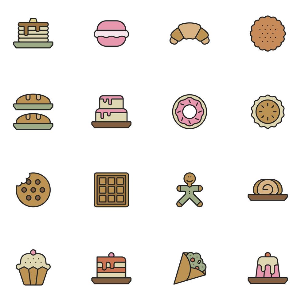 vector de conjunto de iconos de línea llena de panadería