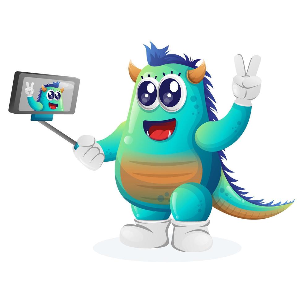 Cute blue monster takes a selfie with smartphone vector