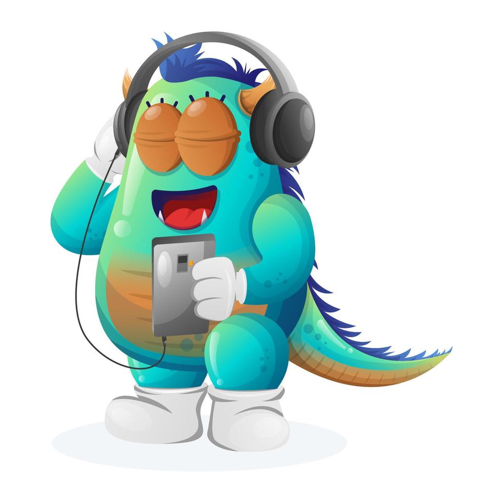 Cute blue monster listening music on a smartphone using a headphone vector