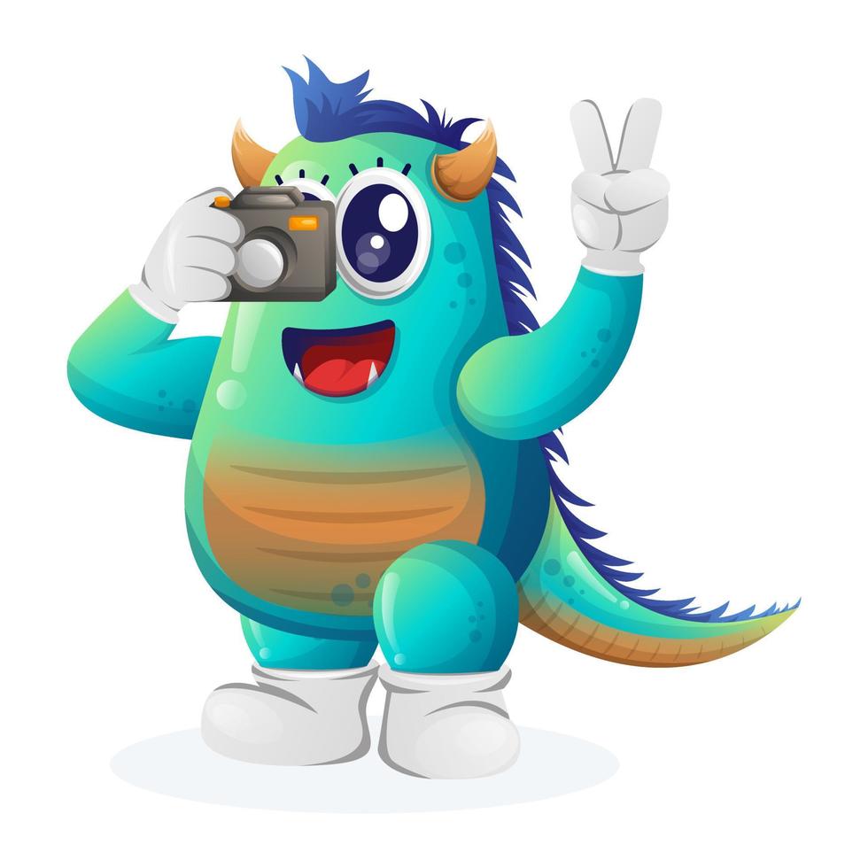 Cute blue monster taking photo with camera vector