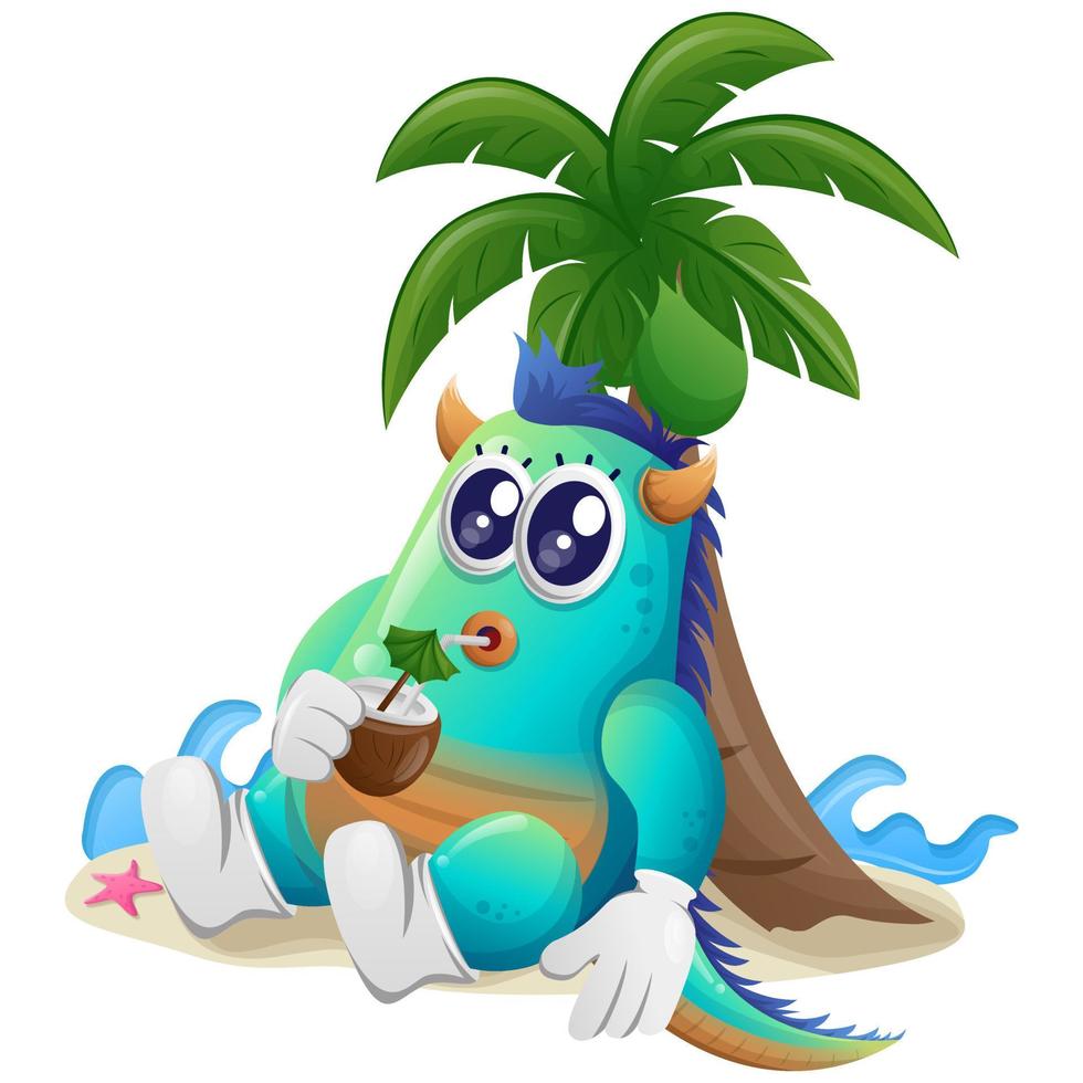 lindo monstruo azul bebe agua de coco bajo una palmera en verano vector