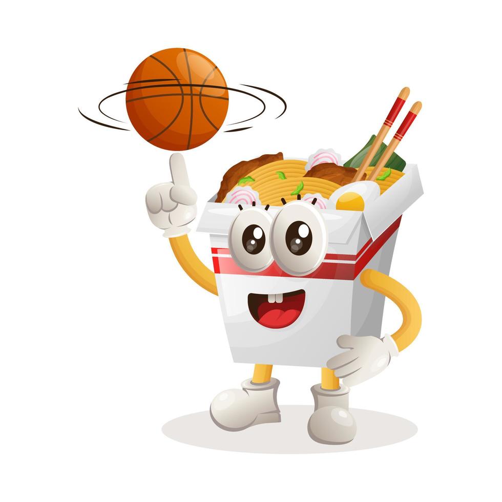 linda mascota de ramen jugando baloncesto, estilo libre con pelota vector