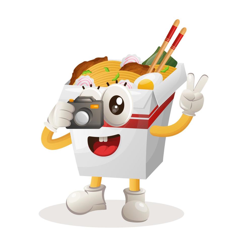 Cute ramen mascot taking photo with camera vector