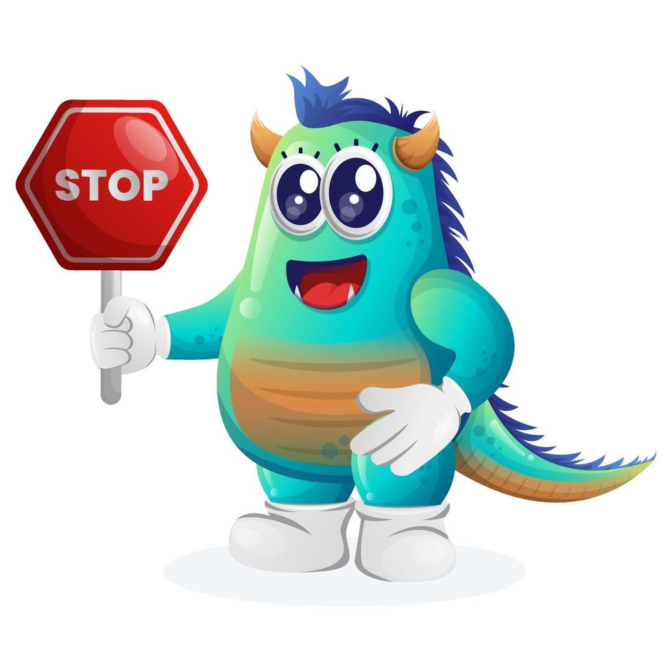Cute blue monster holding stop sign, street sign, road sign vector