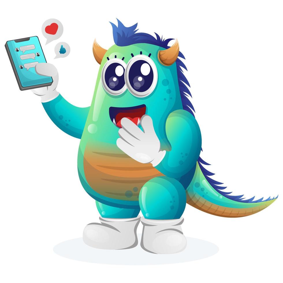 Cute blue monster holding mobile phone with text messages vector