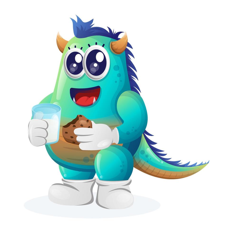 Cute blue monster drink milk and eat cookie vector