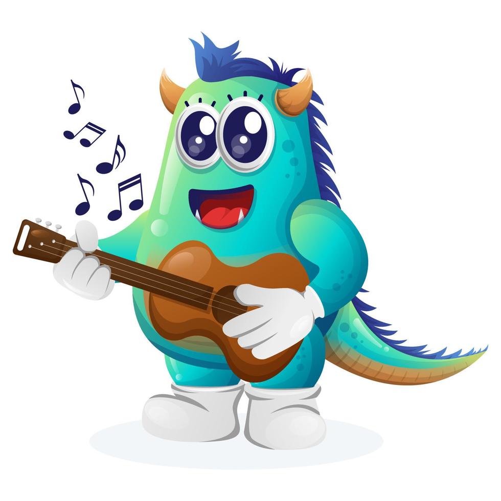 Cute blue monster playing guitar vector