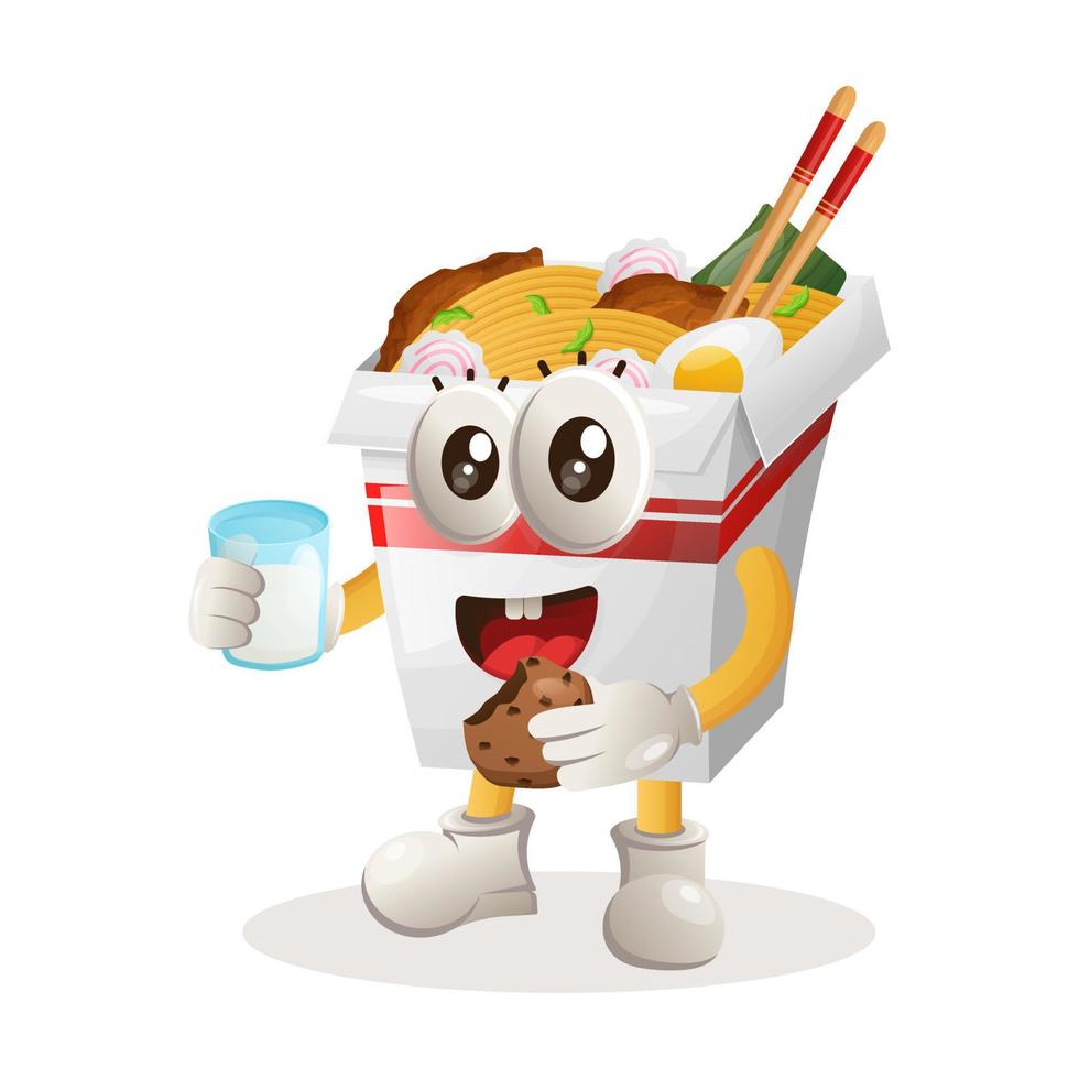 Cute ramen mascot drink milk and eat cookie vector
