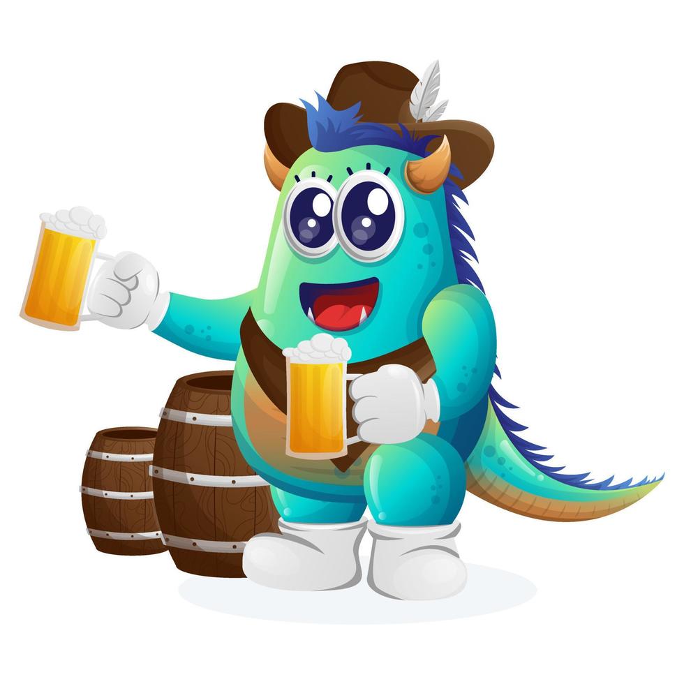 lindo monstruo azul celebra el oktoberfest con cerveza vector