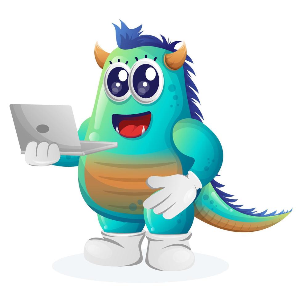 Cute blue monster working using a laptop vector