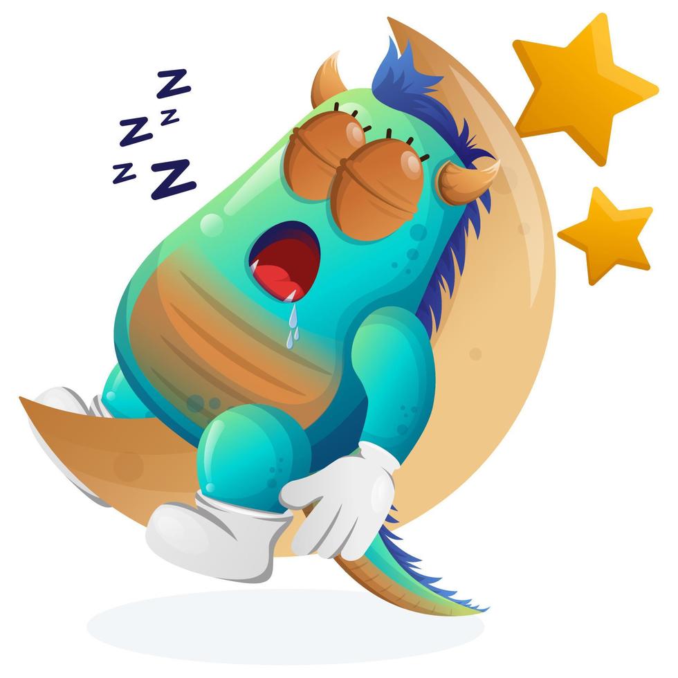Cute blue monster sleeping, sleeping on the moon vector