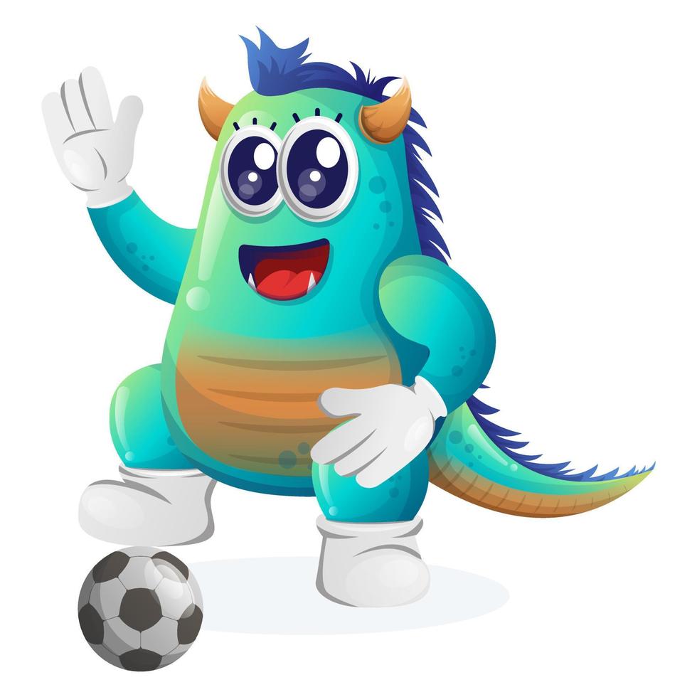 lindo monstruo azul jugar al fútbol, balón de fútbol vector