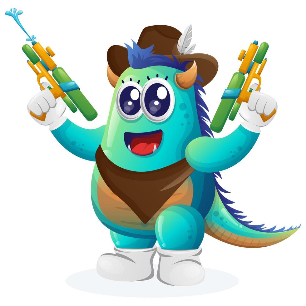 Cute blue monster playing with water gun toy vector