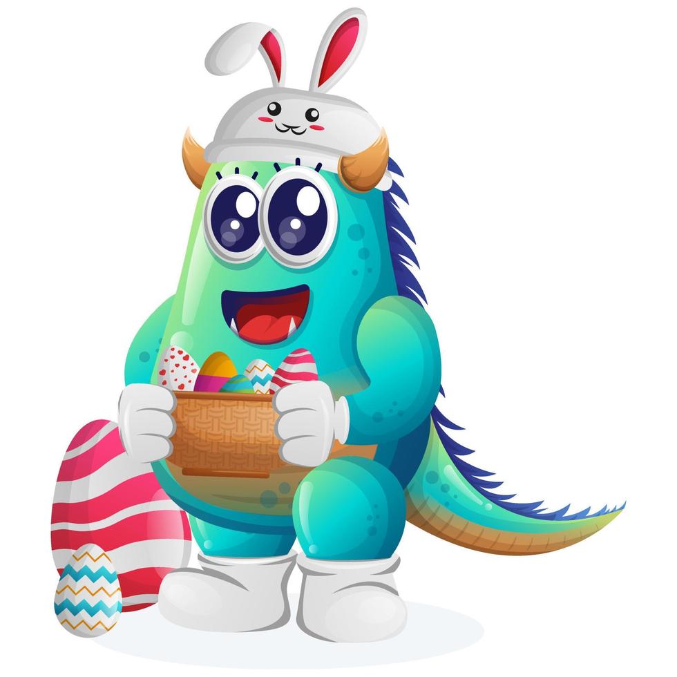 Cute blue monster wearing the bunny cap with holding easter egg in basket vector