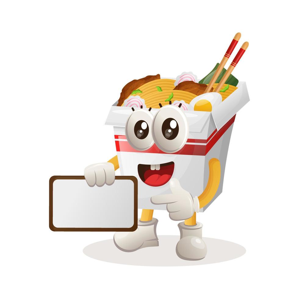 Cute ramen mascot holding billboards for sale, sign board vector