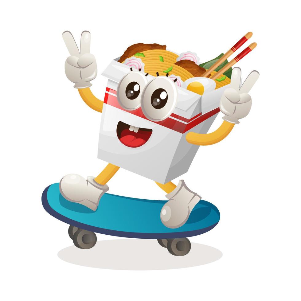 Cute ramen mascot playing skateboard, skateboarding vector