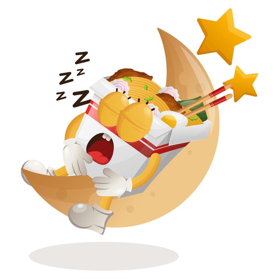 Cute ramen mascot sleeping, sleeping on the moon vector