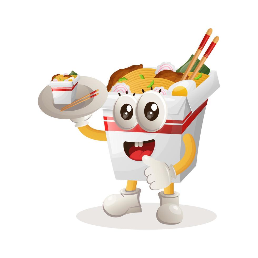 linda mascota de ramen sirviendo ramen en un plato vector