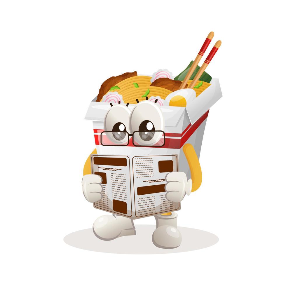 Cute ramen mascot read newspapers vector