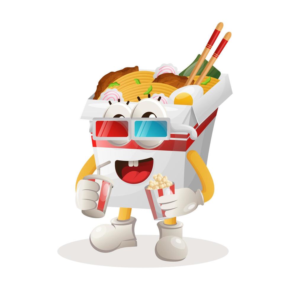 Cute ramen mascot watching movie with holding soda and popcorn vector