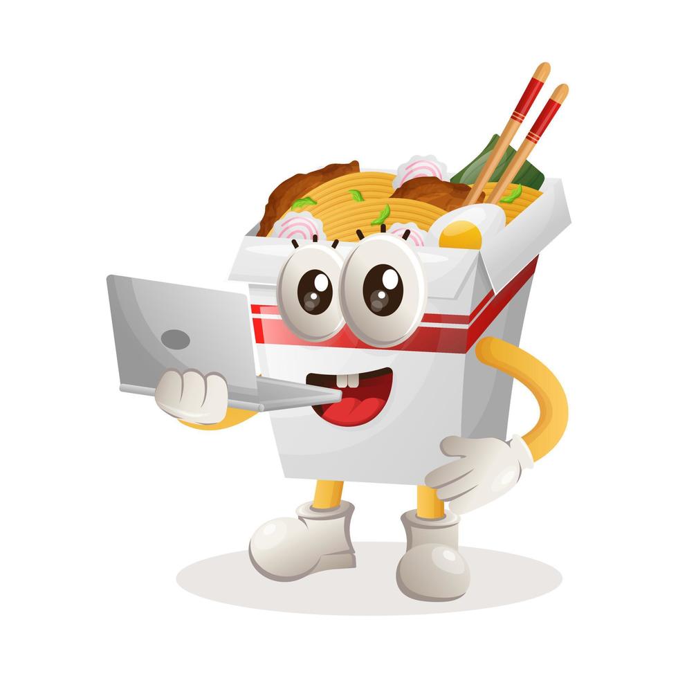 Cute ramen mascot working using a laptop vector