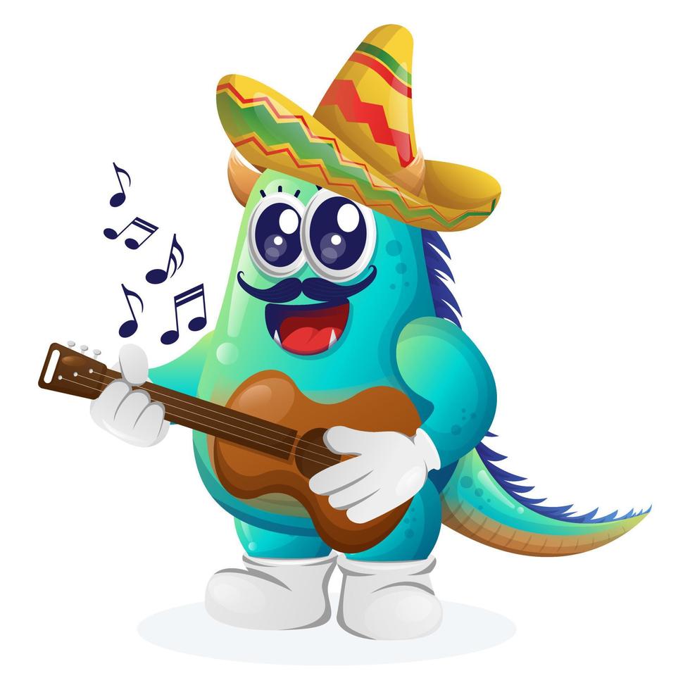 Cute blue monster wearing mexican hat with playing guitar vector