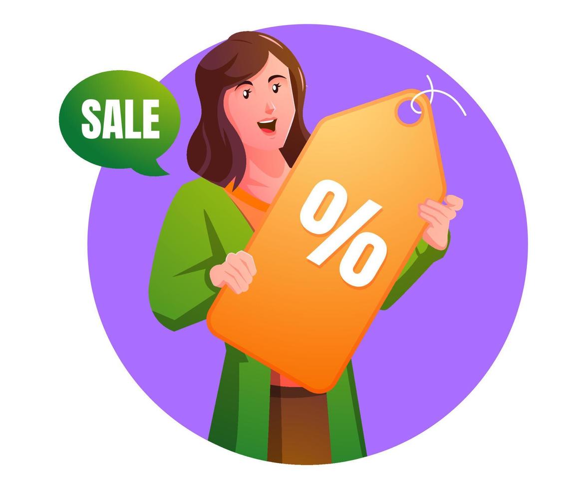 a woman carries a sale discount label vector