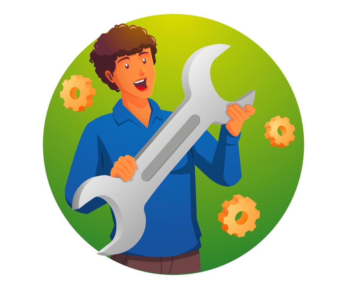 a man holding wrench vector
