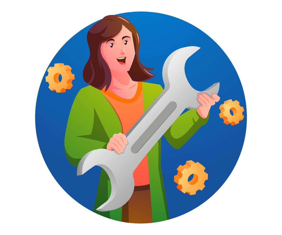 a woman holding wrench vector