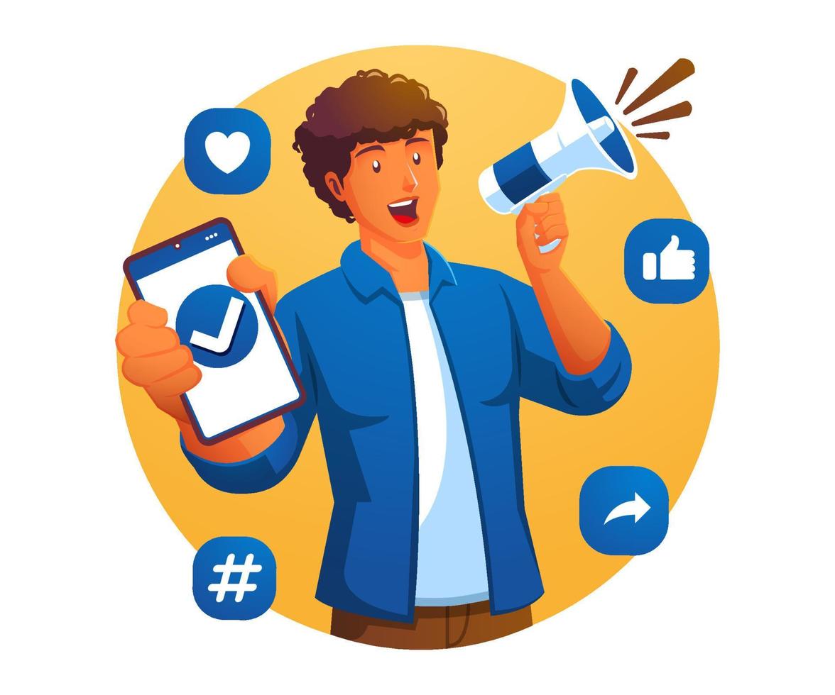 social media marketing concept with a man holding a smartphone and a megaphone vector