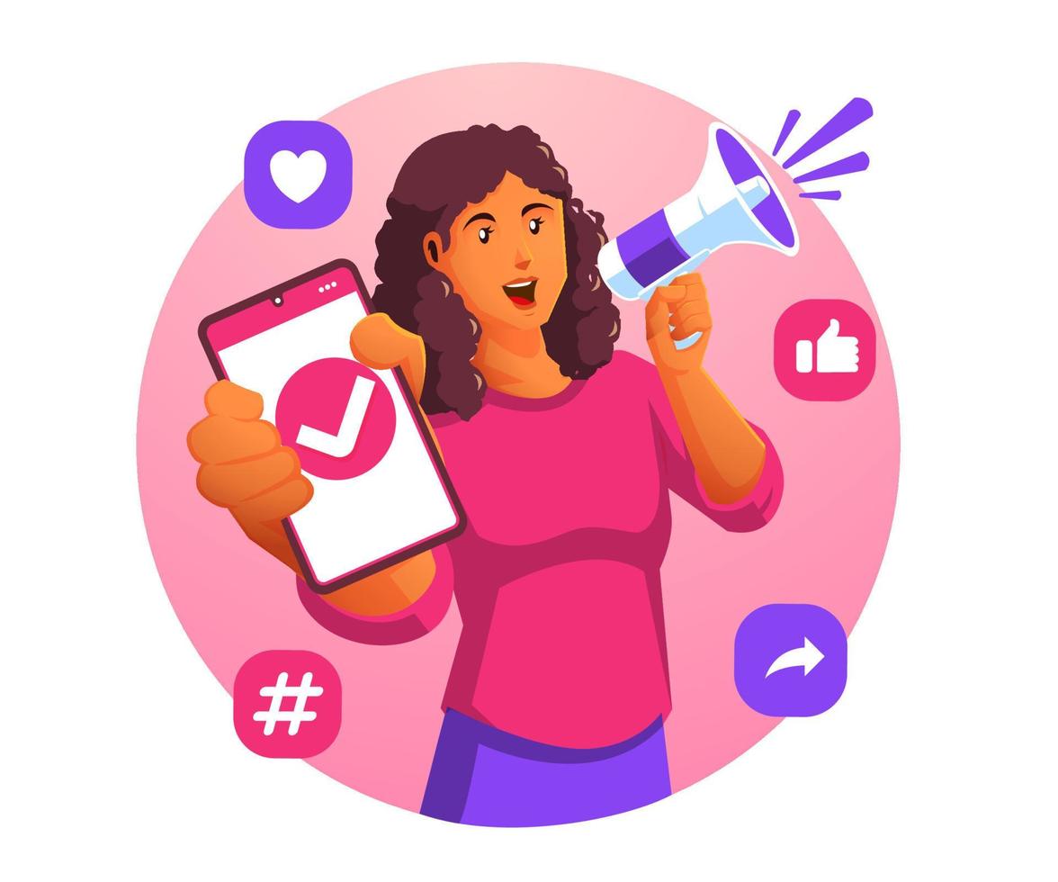 social media marketing concept with a woman holding a smartphone and a megaphone vector