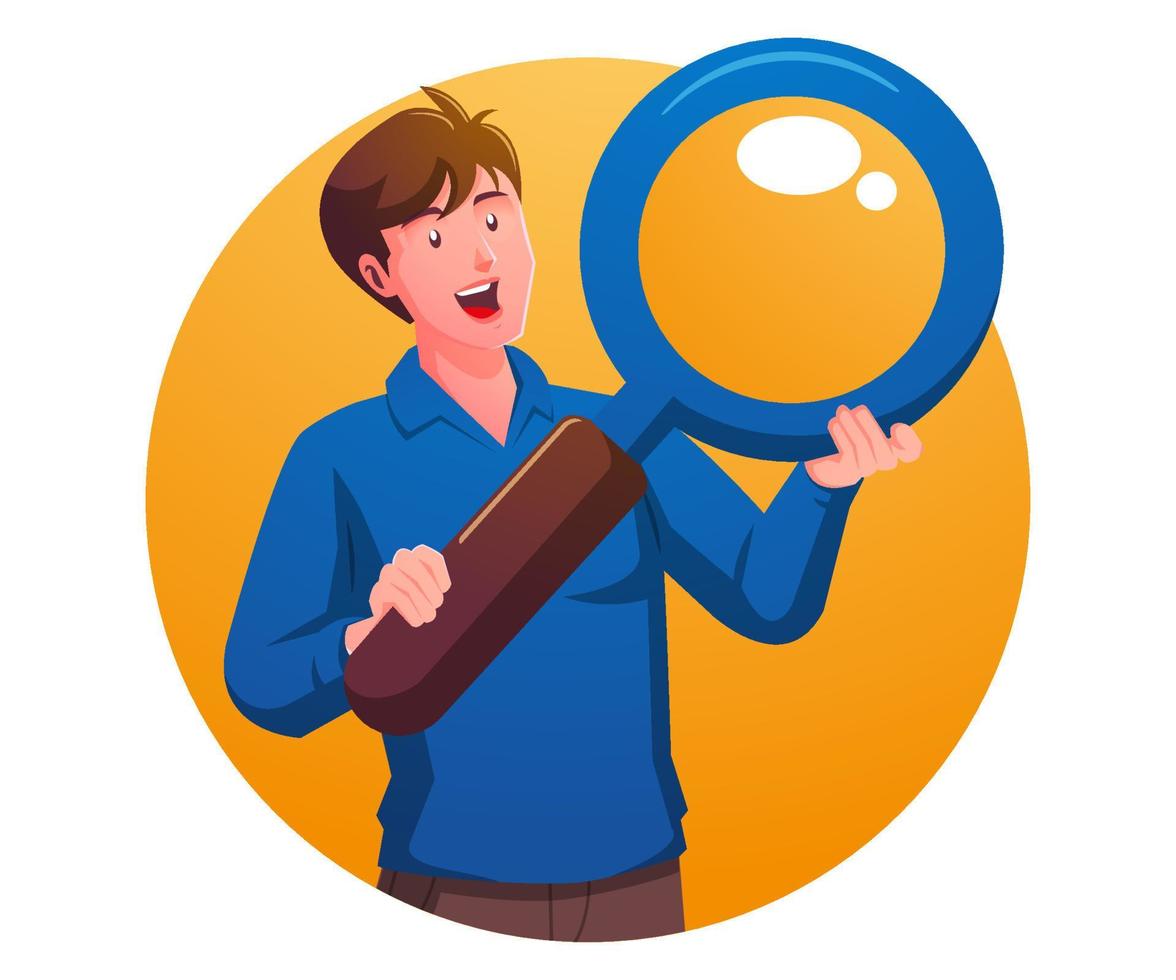 a man holding a magnifying glass vector