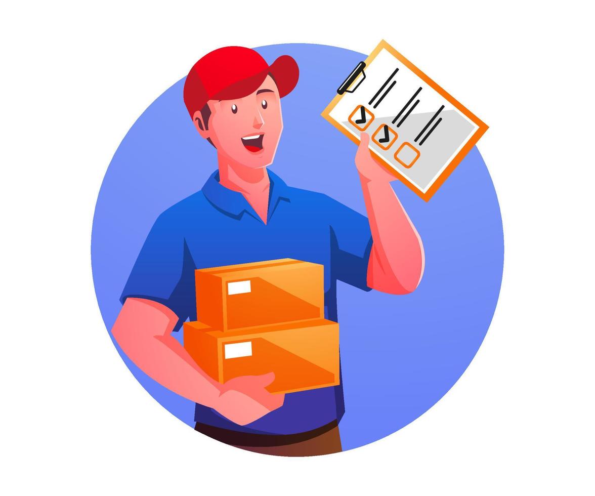 courier checks delivery data and ready to send goods vector